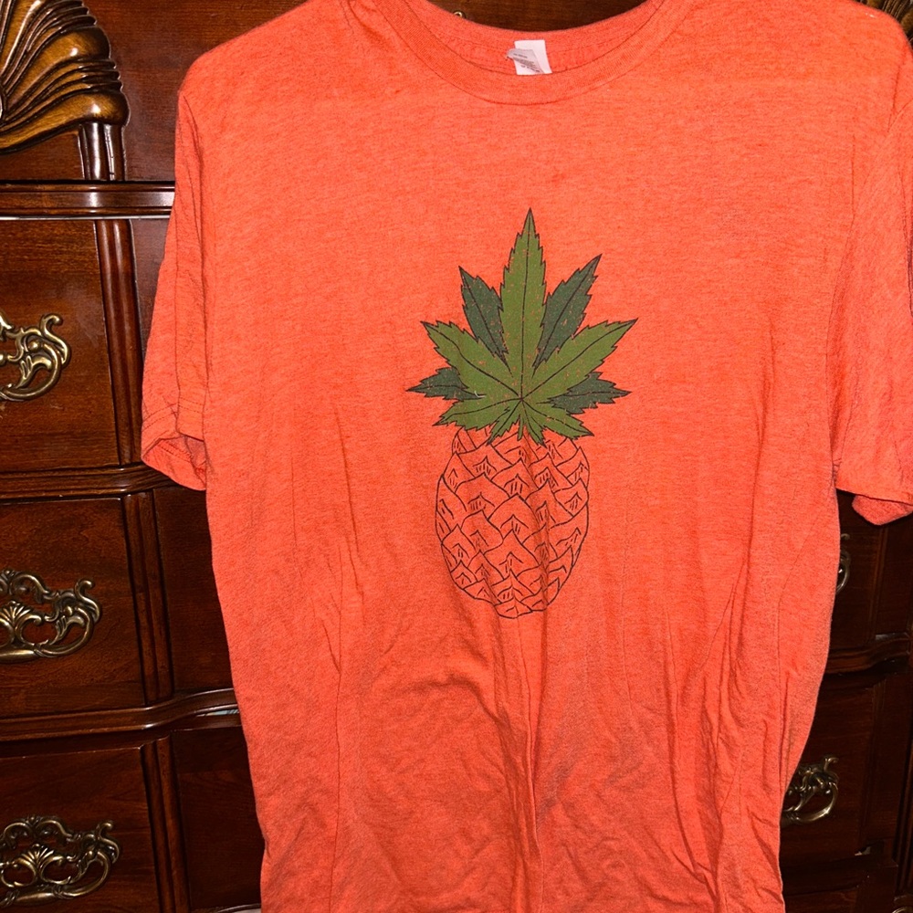 Vibrant Orange Short Sleeve Tee with Pineapple and Marijuana Leaf Graphic
